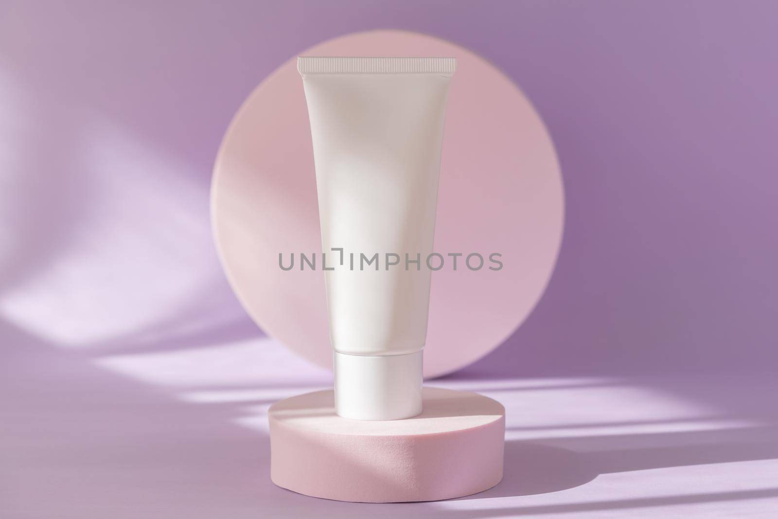 Cosmetics brand mockup on podium pedestal showcase. Beauty cosmetic cream lotion stand background. Skincare product template, sunscreen tube product presentation mock up. White packaging creme by photolime