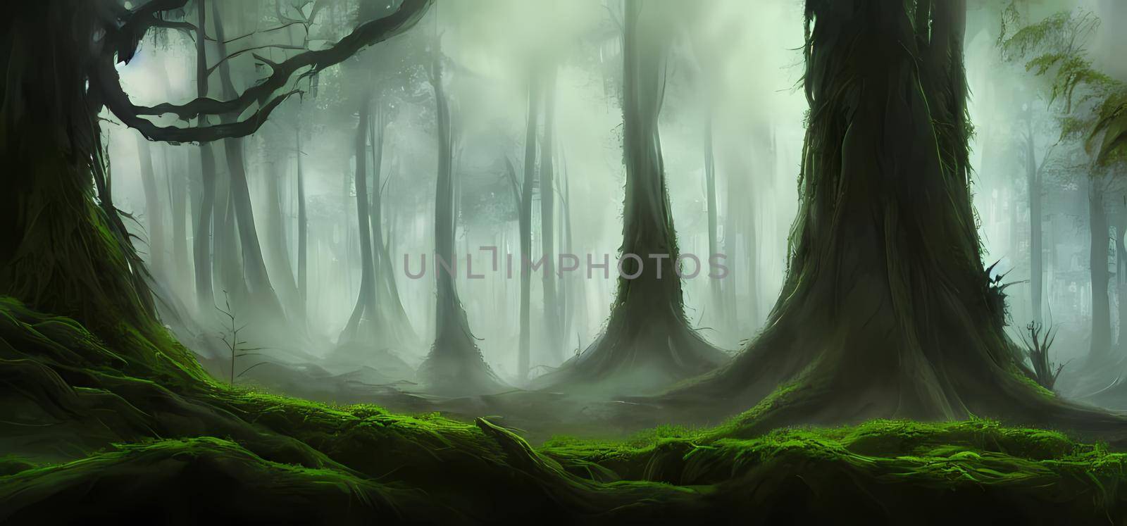Fantasy misty foggy forest big trees covered with moss.Digital art painting for book illustration,background wallpaper, concept art.