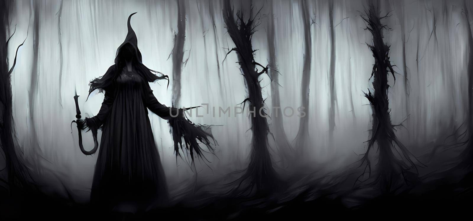 Abstract witch stands in dark foggy forest. Digital painting for book illustration,background wallpaper, concept art. by yay_lmrb