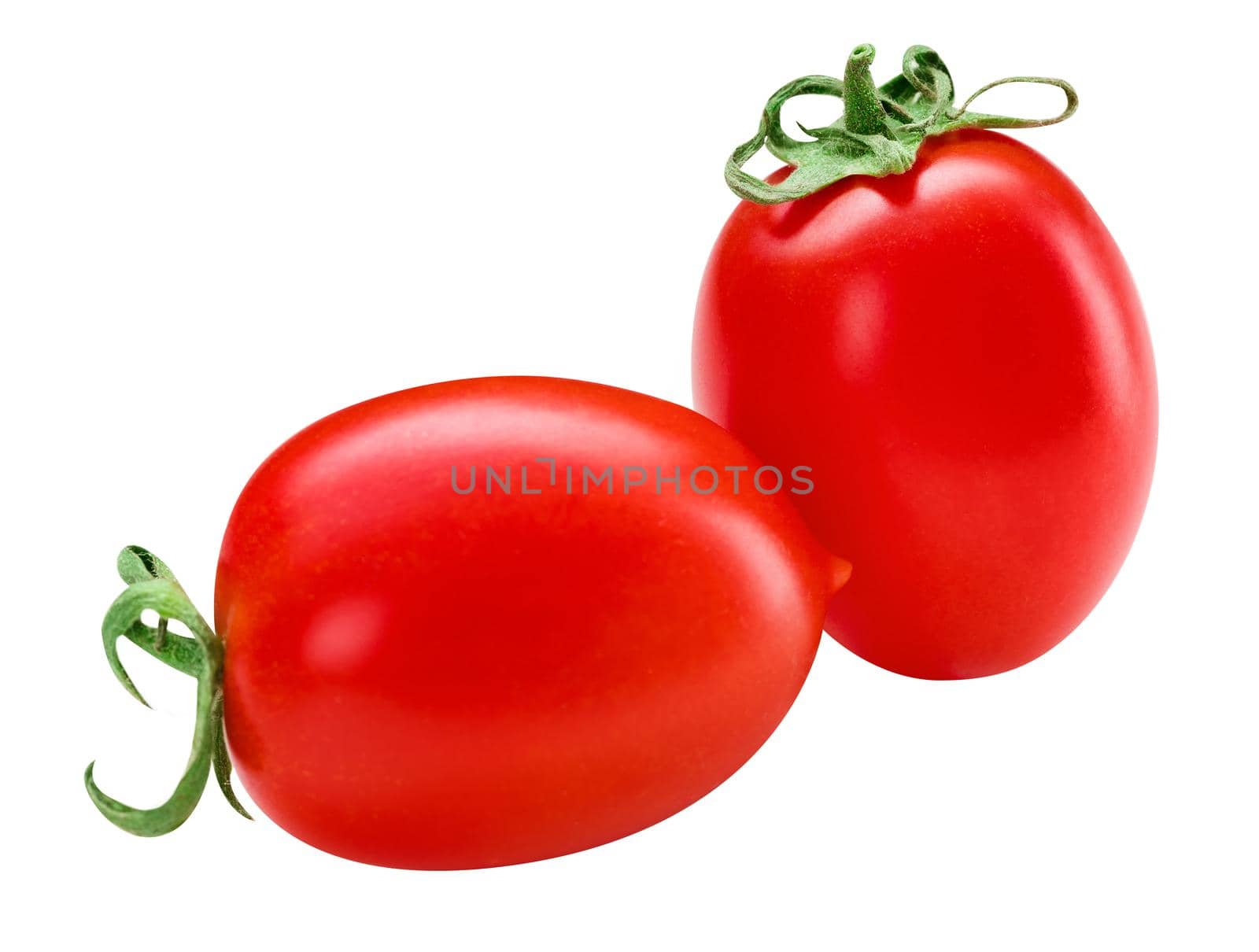 San Marzano tomatoes pair. Two plum cherry juicy tomatoes isolated on white. Set of italian fresh vegetables. Organic raw vegan healthy food vegetable. Farm market product. Front view, macro, studio