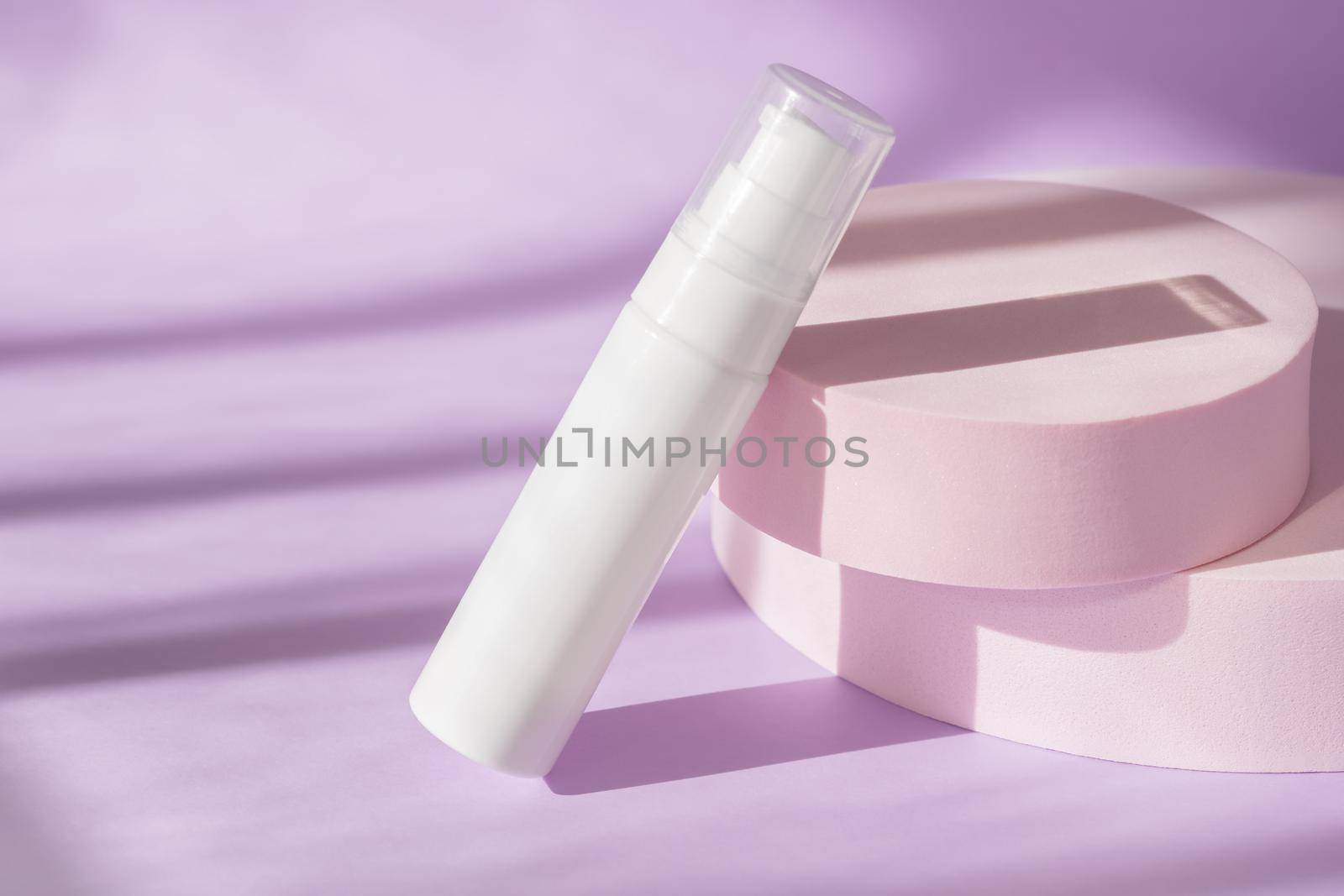 Modern product presentation with podium, sunlight, shadow with natural light. Beauty treatment medical skincare and cosmetic lotion cream serum oil mockup bottle packaging product on pink background.
