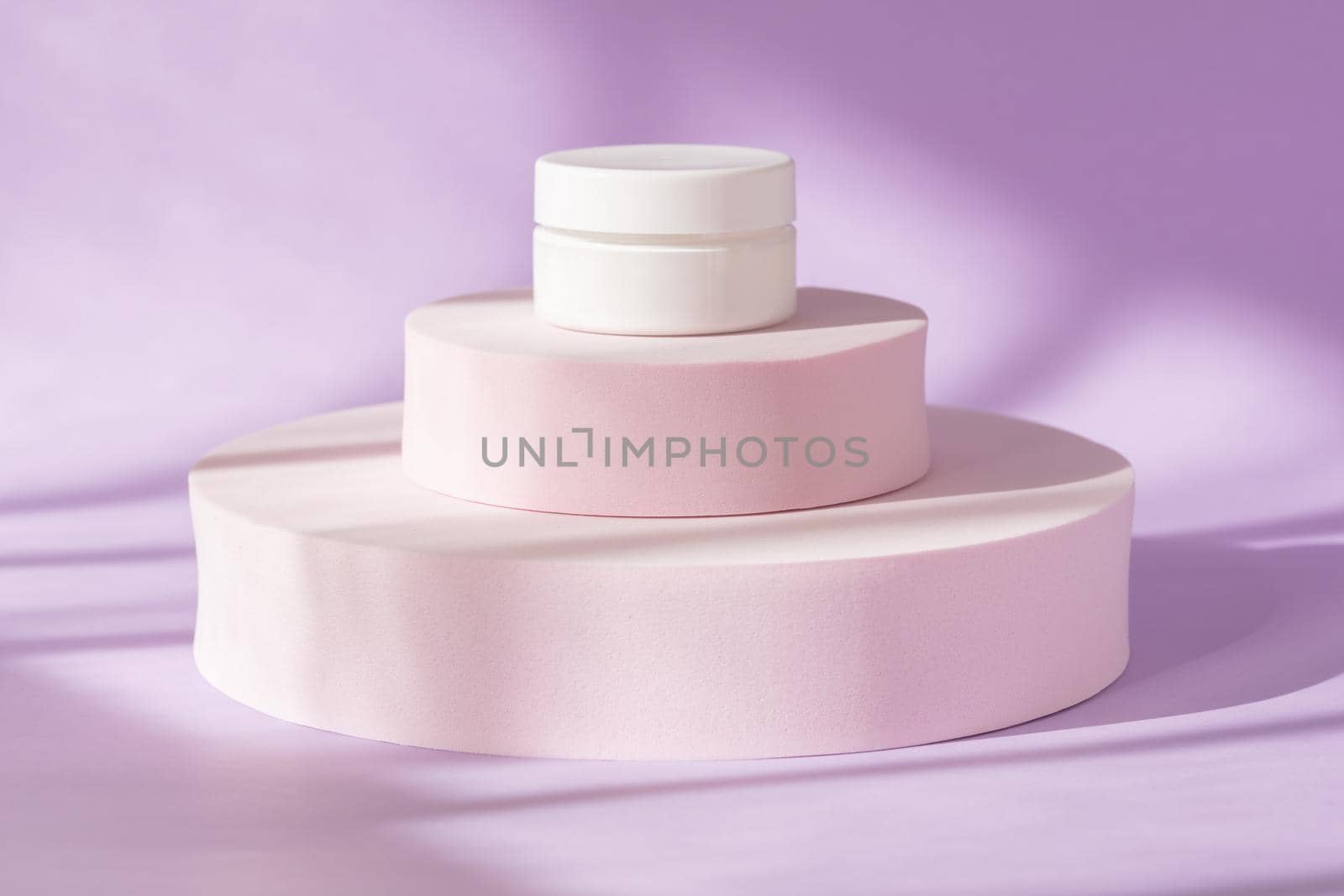 Blank skin care product template, luxury skincare body moisturizer bottle. Beauty cosmetic cream jar mockup on purple podium showcase. White package creme container on pedestal and shadow by photolime