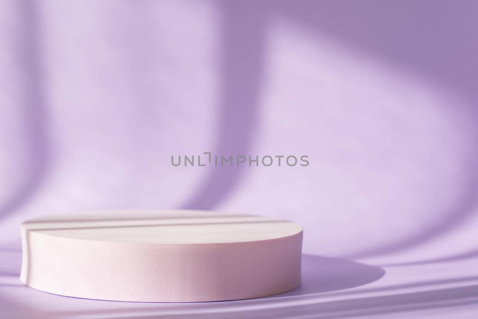 Window natural shadow overlay effect on purple surface, spring pastel theme. Lilac backdrop with pink round podium, display, mockup. Cosmetic product presentation with shadows and light from windows.