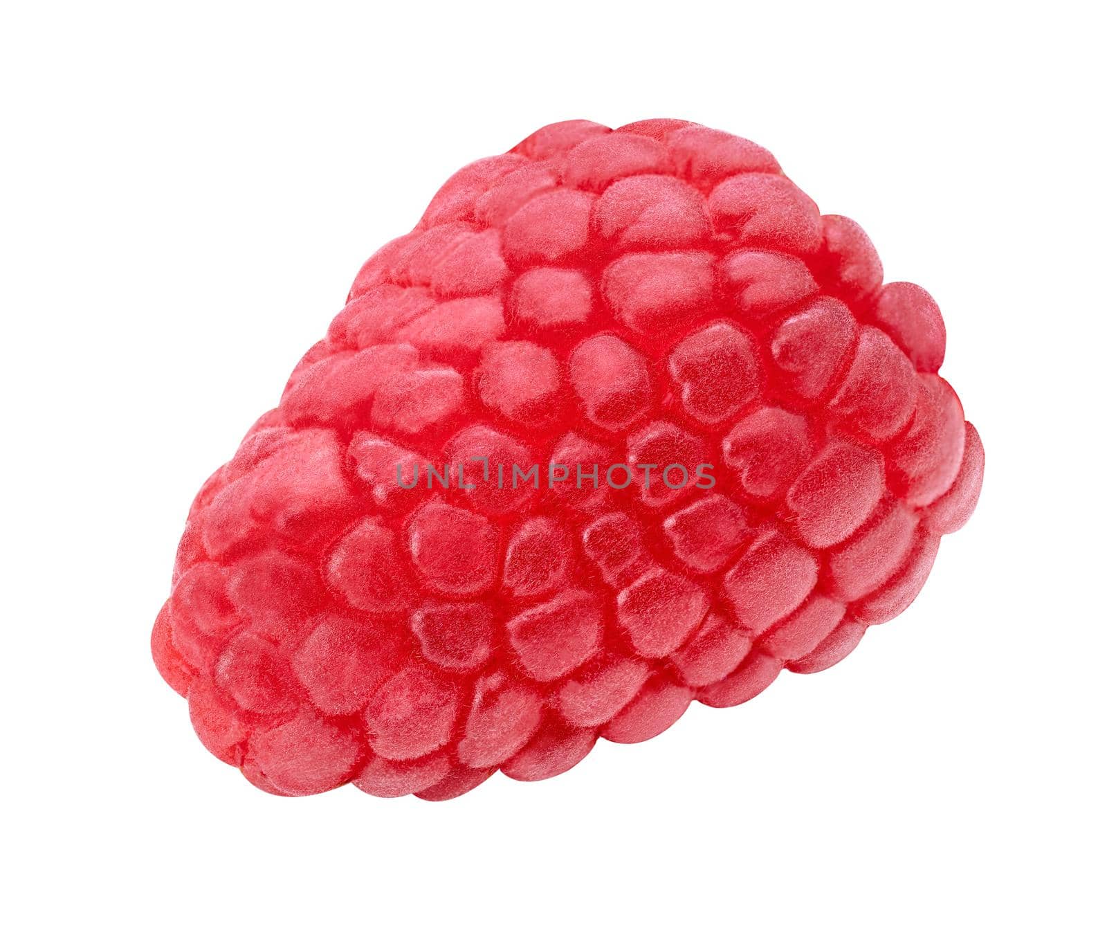 Raspberry macro isolate studio shot. Berry isolated on white background. Closeup for packaging design. Whole single raspberry close up cutout. Healthy organic food. Front view