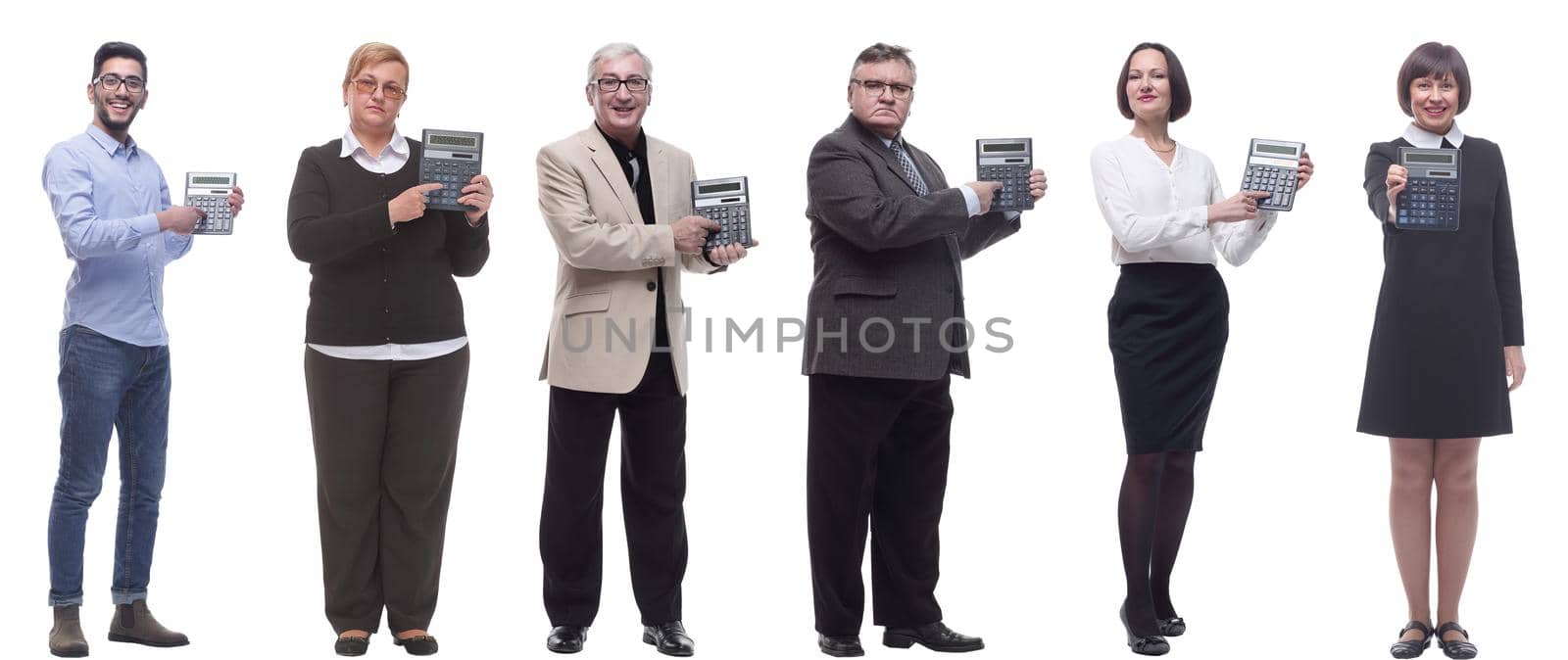 collage of people demonstrate calculator in hand isolated on white background