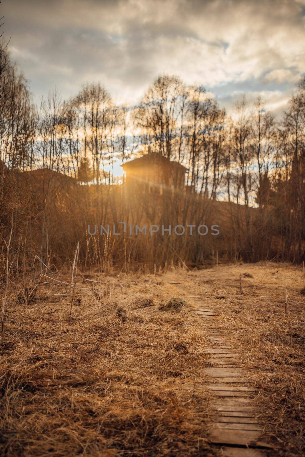 russian village landscape at sunset.
