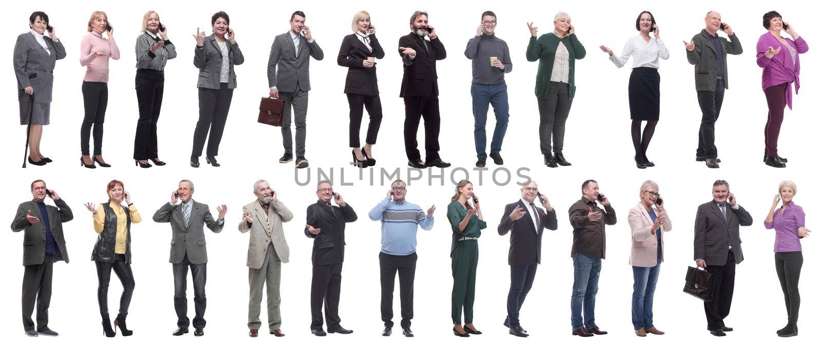 group of people holding phone in hand isolated on white background