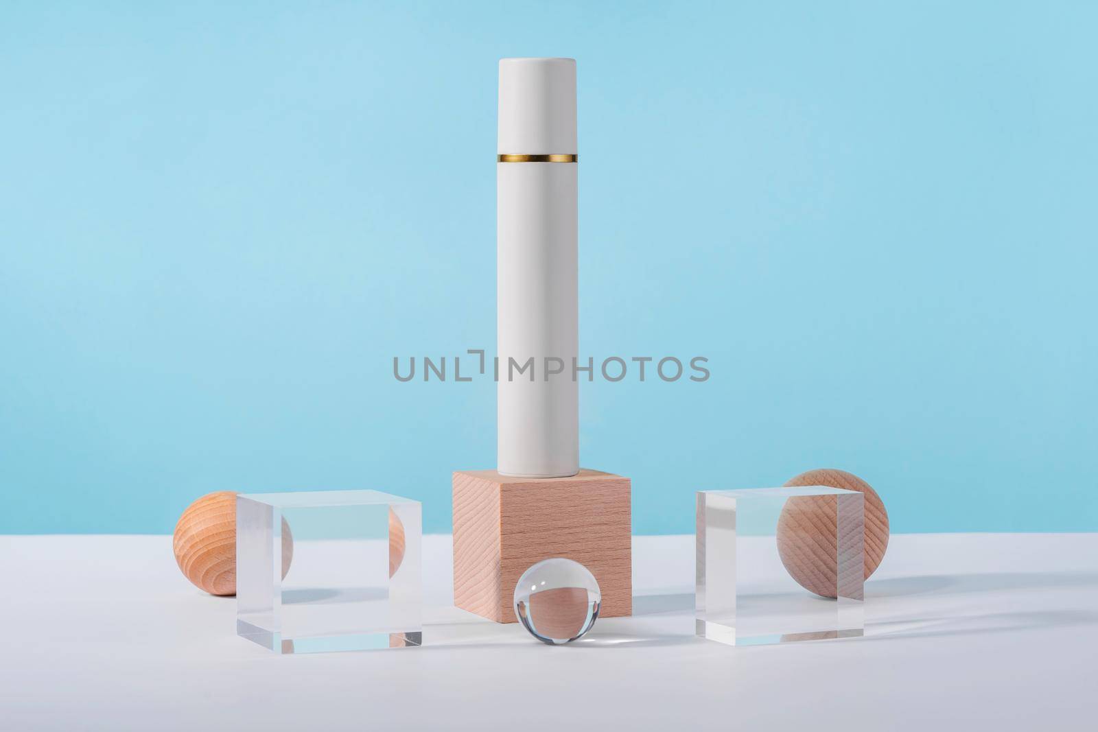 Medical skincare and cosmetic cream mockup on acrylic block pedestal podium with stylish props, glass balls and ribbed plate. Lotion, concealer beauty product packaging. Product presentation mock up