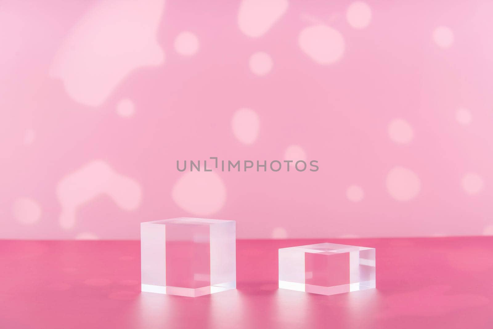 Acrylic blocks on pink background, pedestal cosmetic display glass podium platform for product presentation, geometric stand for cosmetics, mockup scene for jewellery, cosmetics mock up