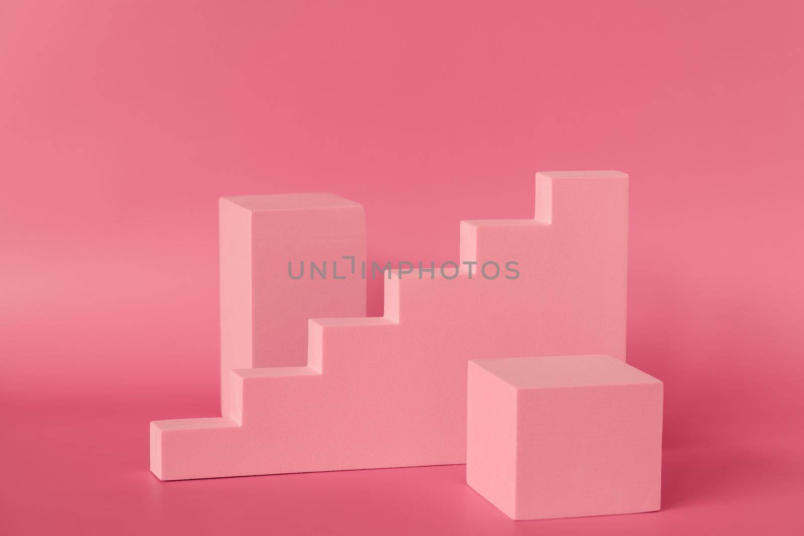 Cosmetic art deco product podium display pedestal stand. Fashion pastel geometric backdrop for product presentation showcase. Mockup abstract minimal template stage platform. Front view modern scene