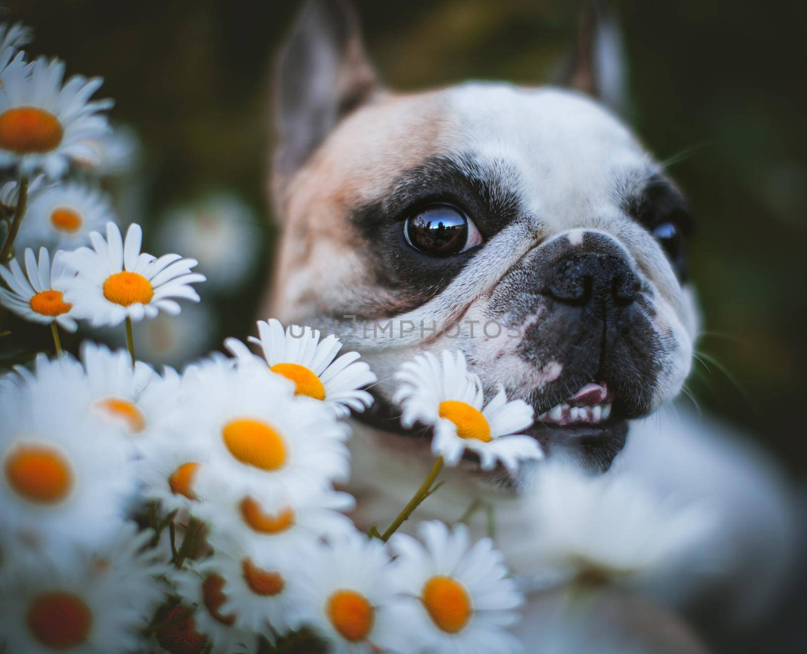 Spotted French bulldog sits in a meadow surrounded by white chamomile flowers by RosaJay