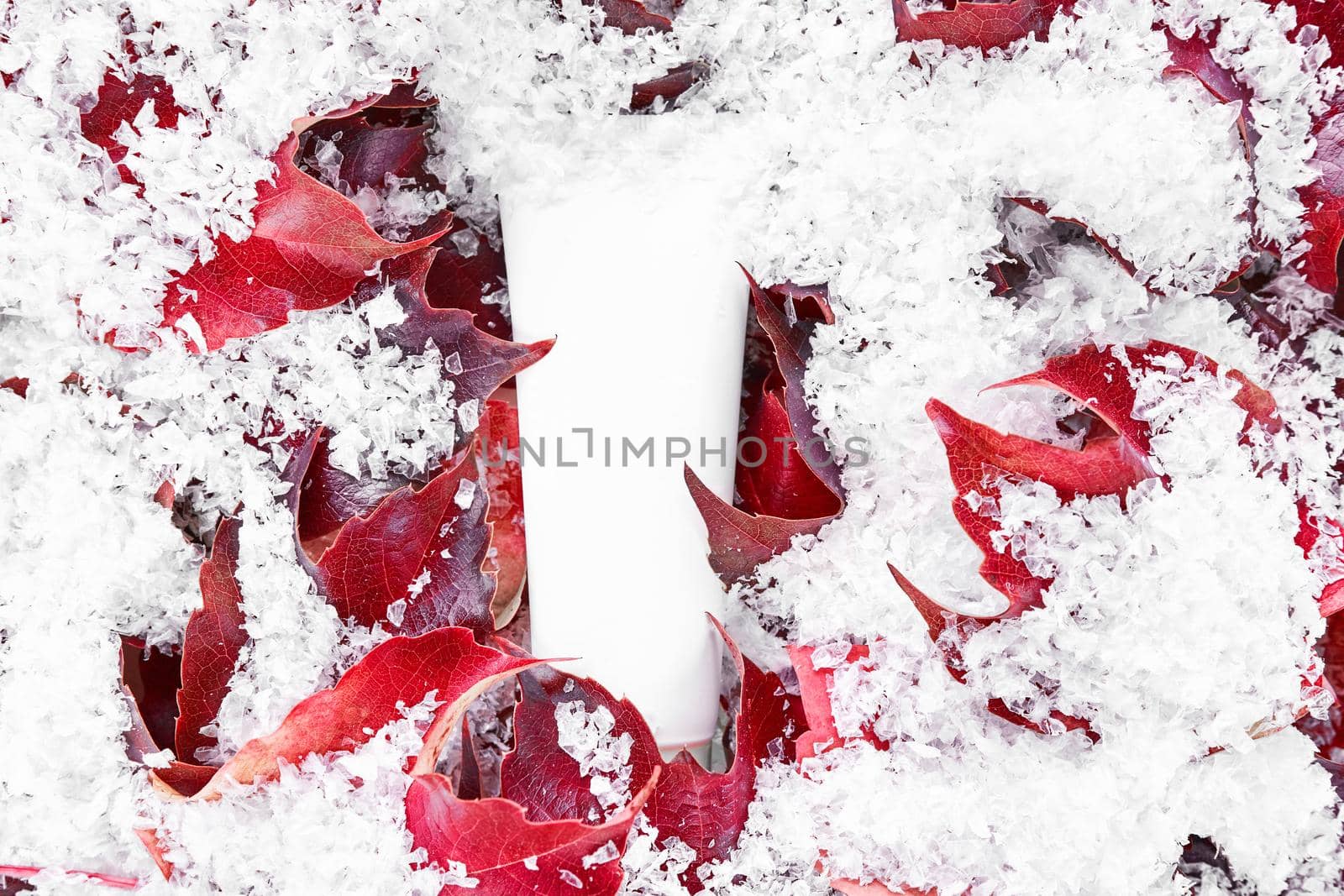 Cosmetic packaging mockup under first snow background. Beauty spa medical skincare, lotion product on red leaves. Mock up tube. Moisturizer, shampoo, hand cream, toothpaste. Branding identity.