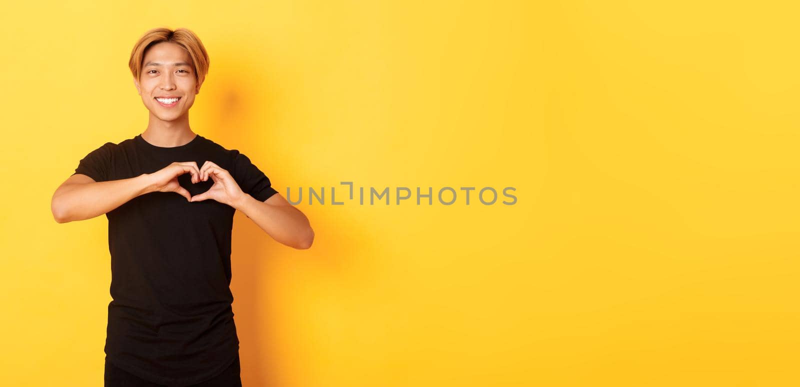 Portrait of lovely handsome blond asian man, showing heart gesture and smiling, standing yellow background by Benzoix
