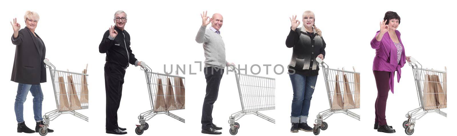 group of people in profile with shopping cart isolated by asdf