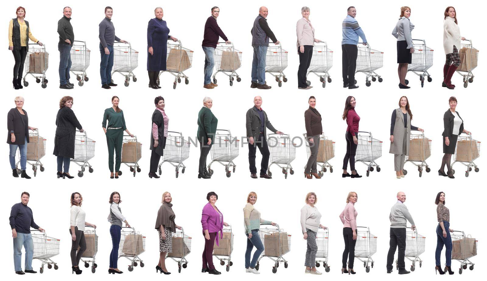 group of people with cart isolated on white background