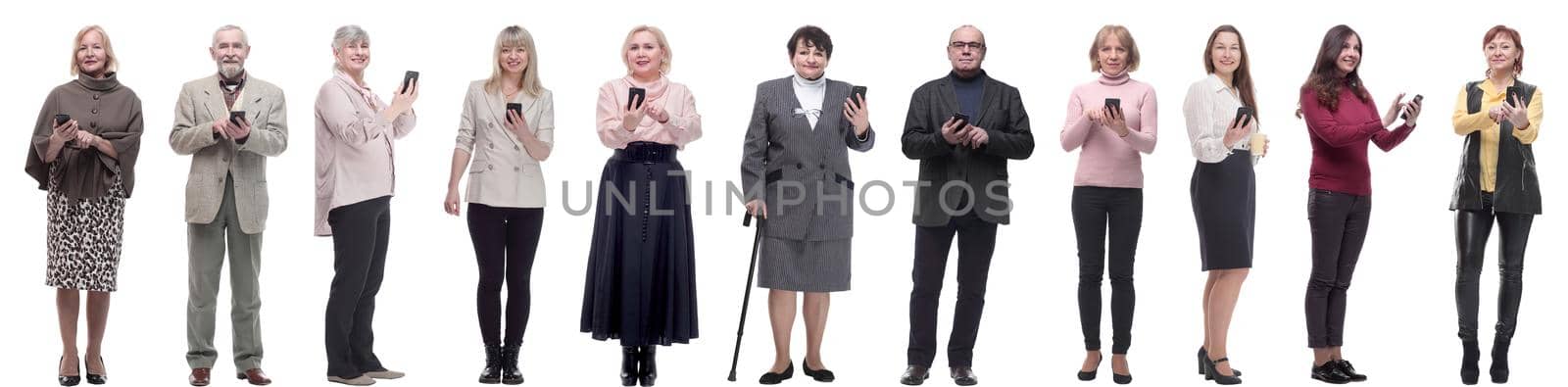 group of people holding phone in hand and looking at camera isolated on white background