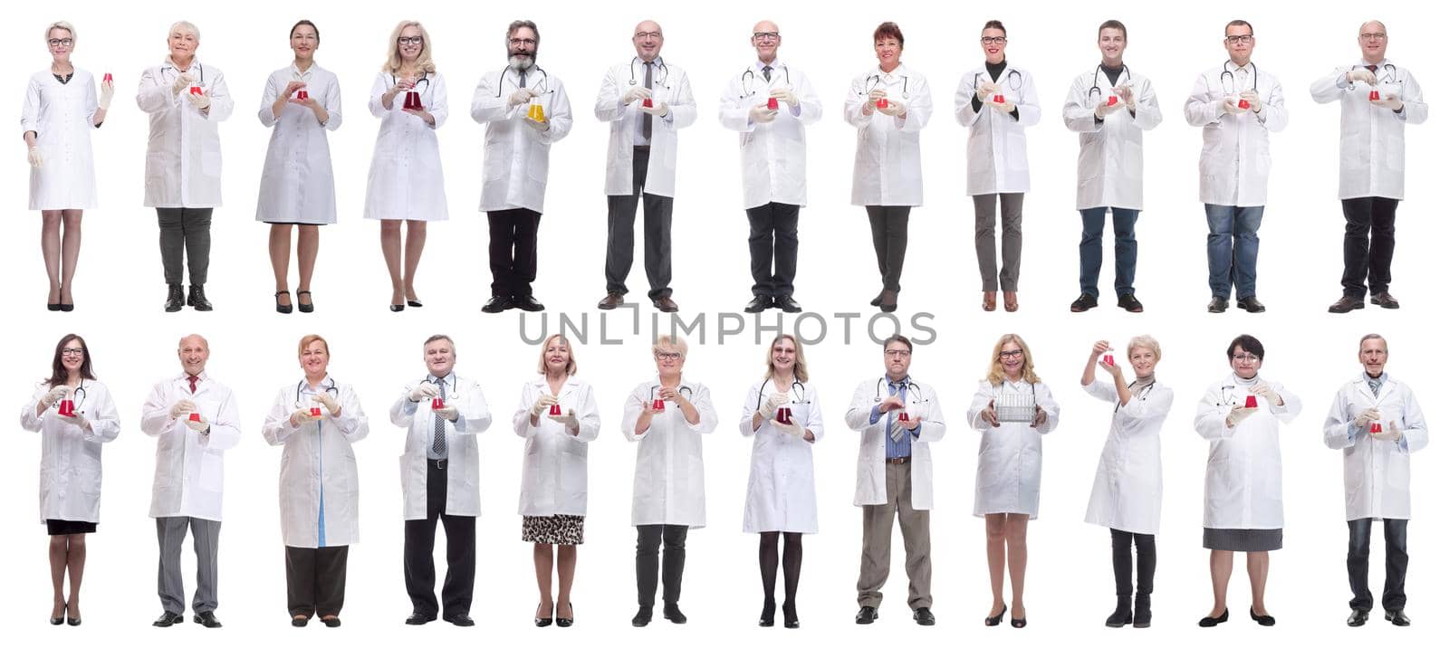 laboratory assistant holding a flask with liquid isolated on white background