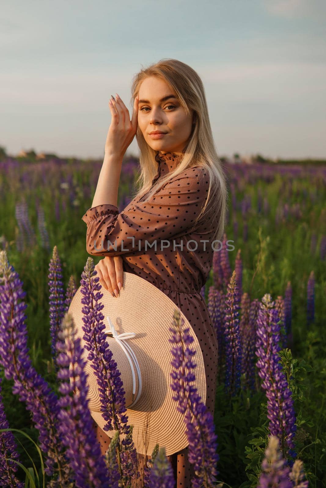 A beautiful woman in a straw hat walks in a field with purple flowers. A walk in nature in the lupin field.