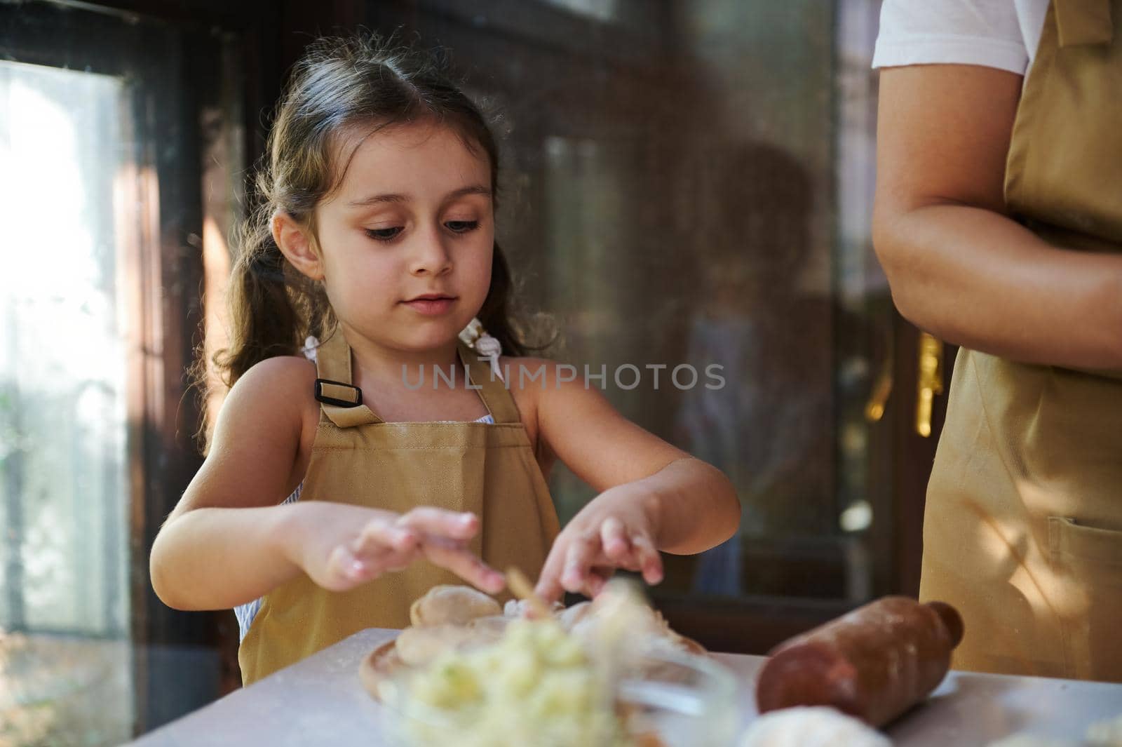 Adorable European child girl with two ponytails wearing chef apron, concentrated on molding dumplings stuffed with mashed potatoes, helping her mother in the kitchen. Mom and daughter cooking together