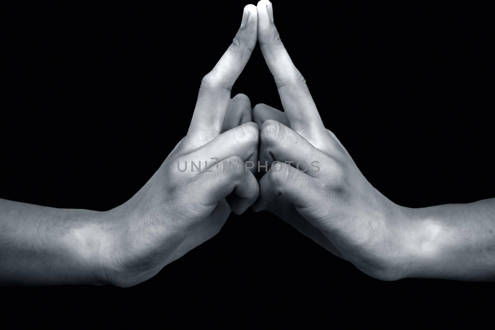 Shot of male hands isolated on black background demonstrating Kalesvara mudra. by mirzamlk