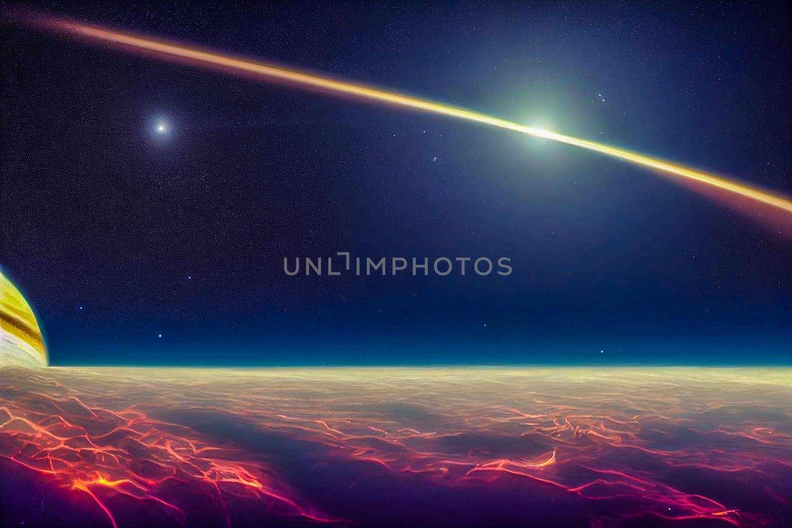 3D render of dark night space landscape with half lighted Jupiter at horizon and very small planets orbiting around.