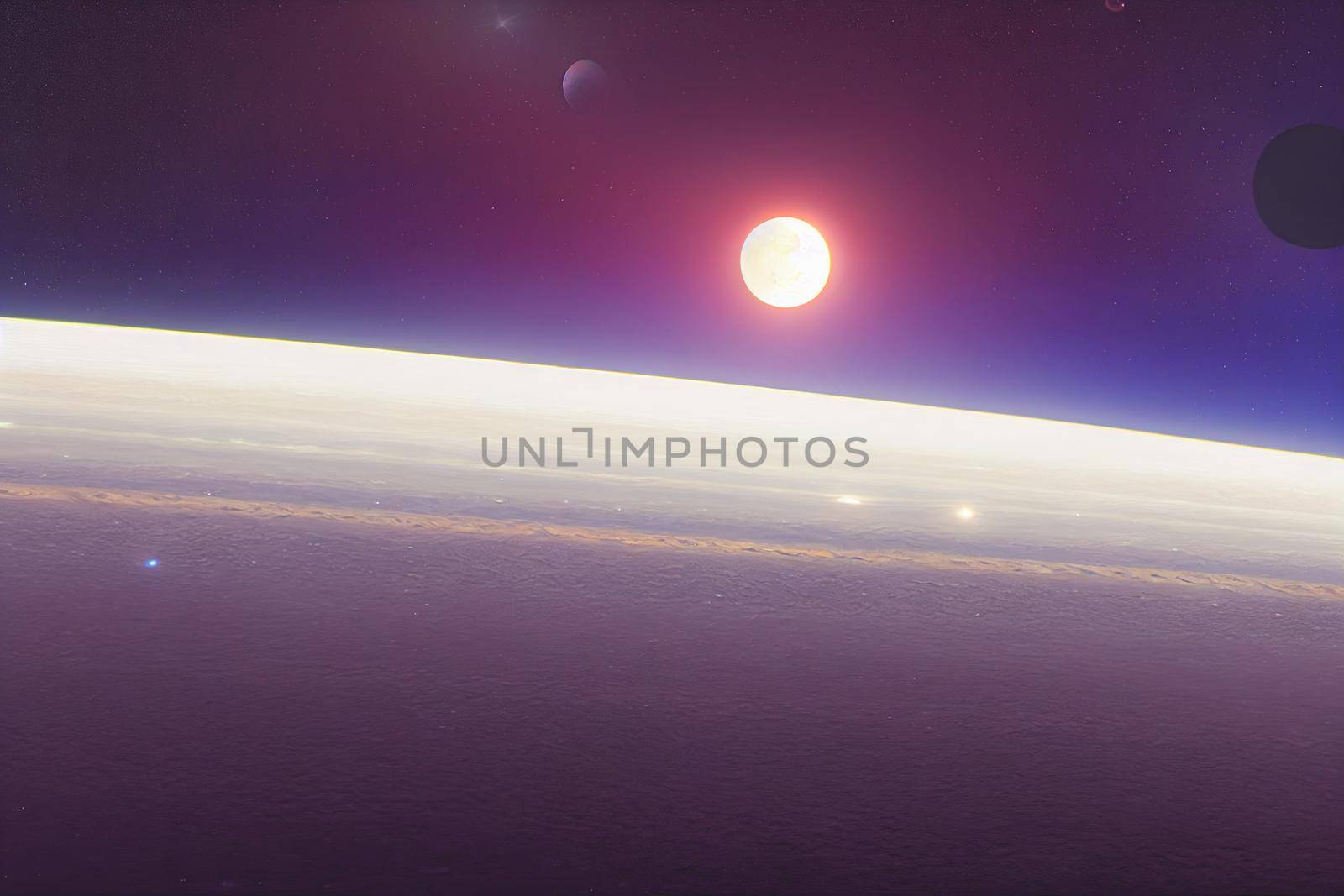 3D render of dark night space landscape with half lighted Jupiter at horizon and very small planets orbiting around.