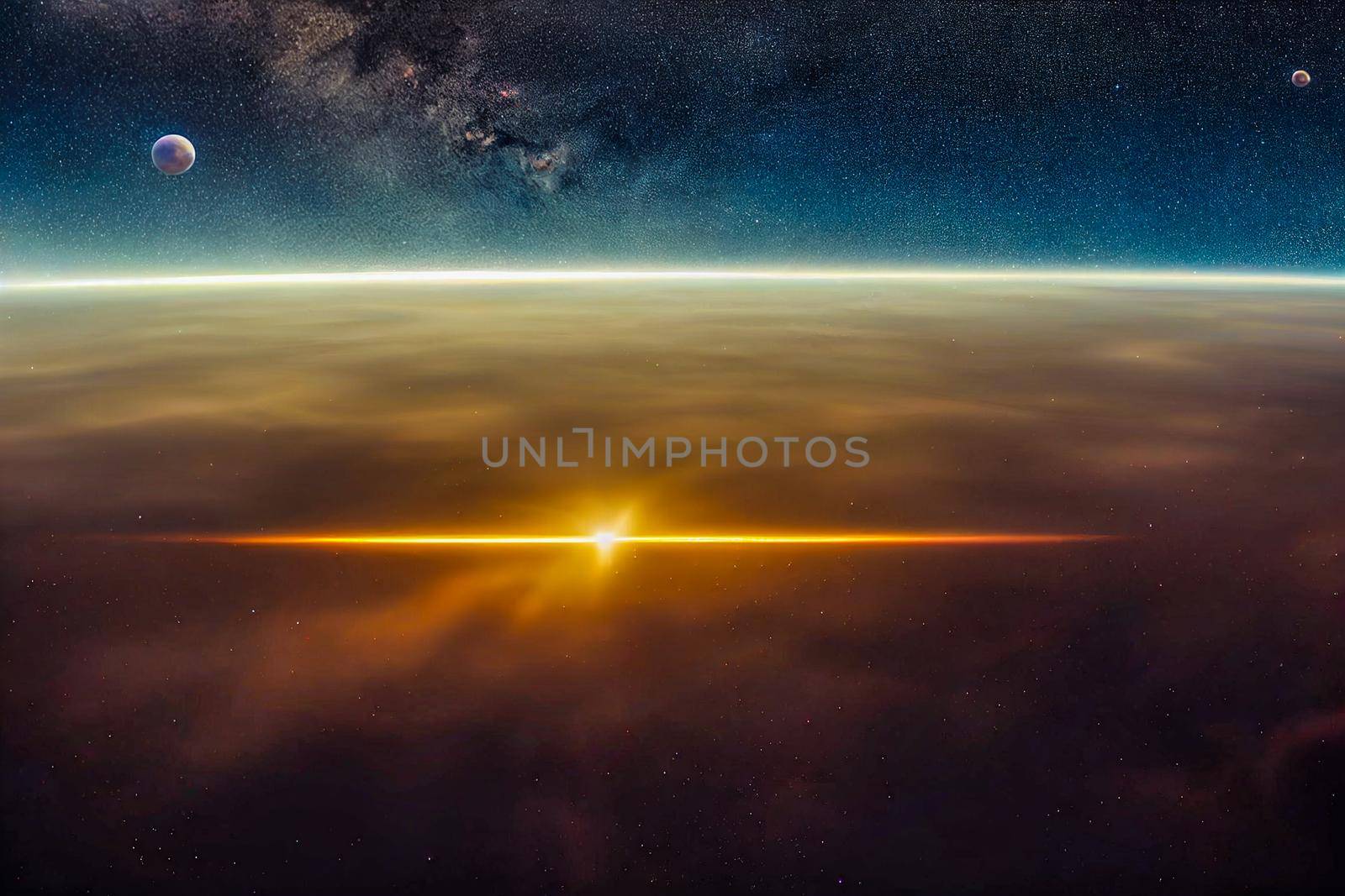 3D render of dark night space landscape with half lighted Jupiter at horizon and very small planets orbiting around.