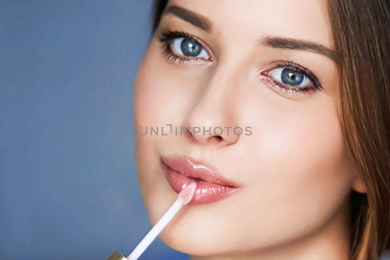 Beauty, makeup and skincare cosmetics model face portrait, beautiful woman applying lip gloss, cosmetic product and glamour make-up closeup