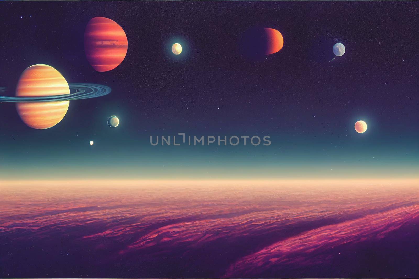 3D render of dark night space landscape with half lighted Jupiter at horizon and very small planets orbiting around.