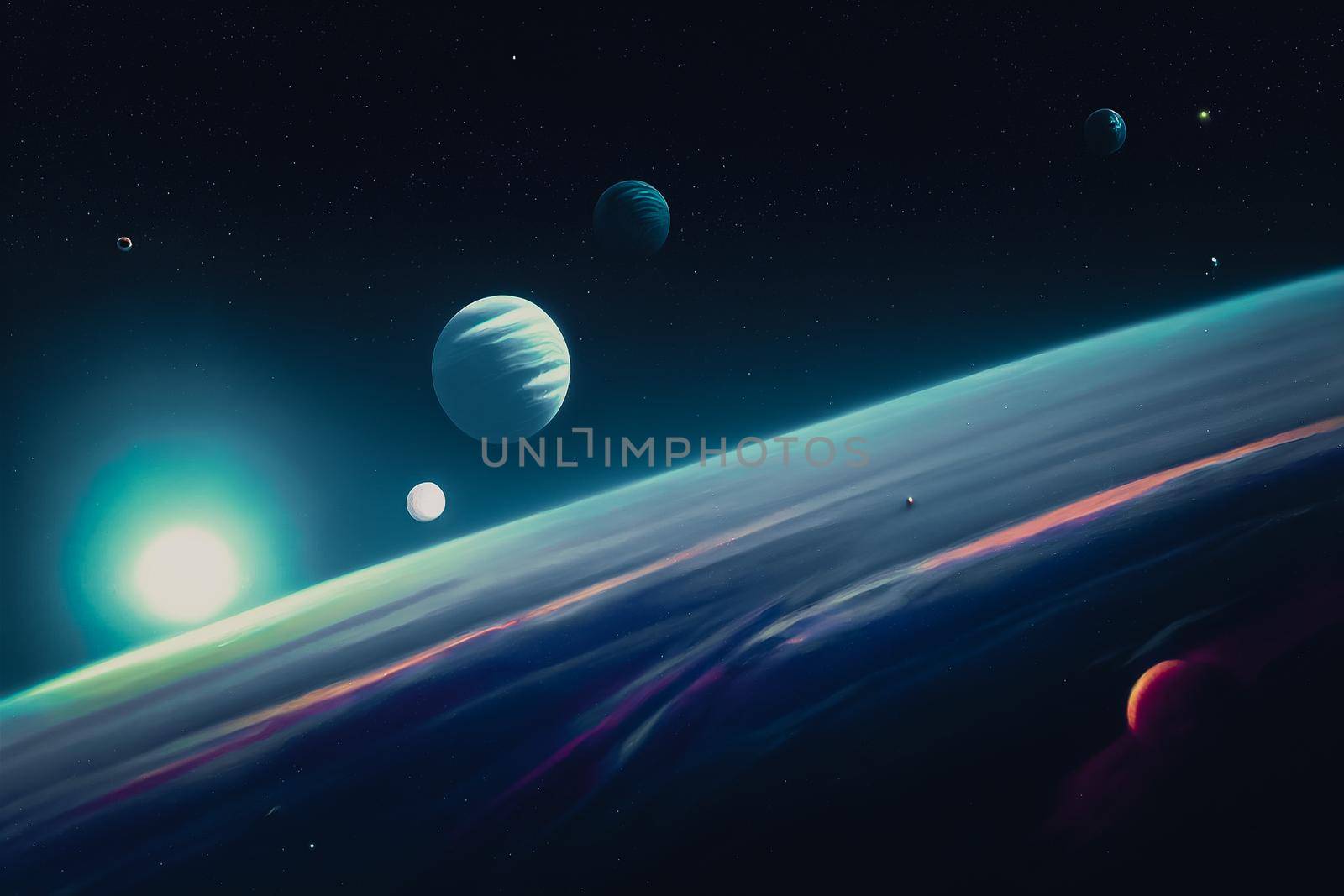 3D render of dark night space landscape with half lighted Jupiter at horizon and very small planets orbiting around.