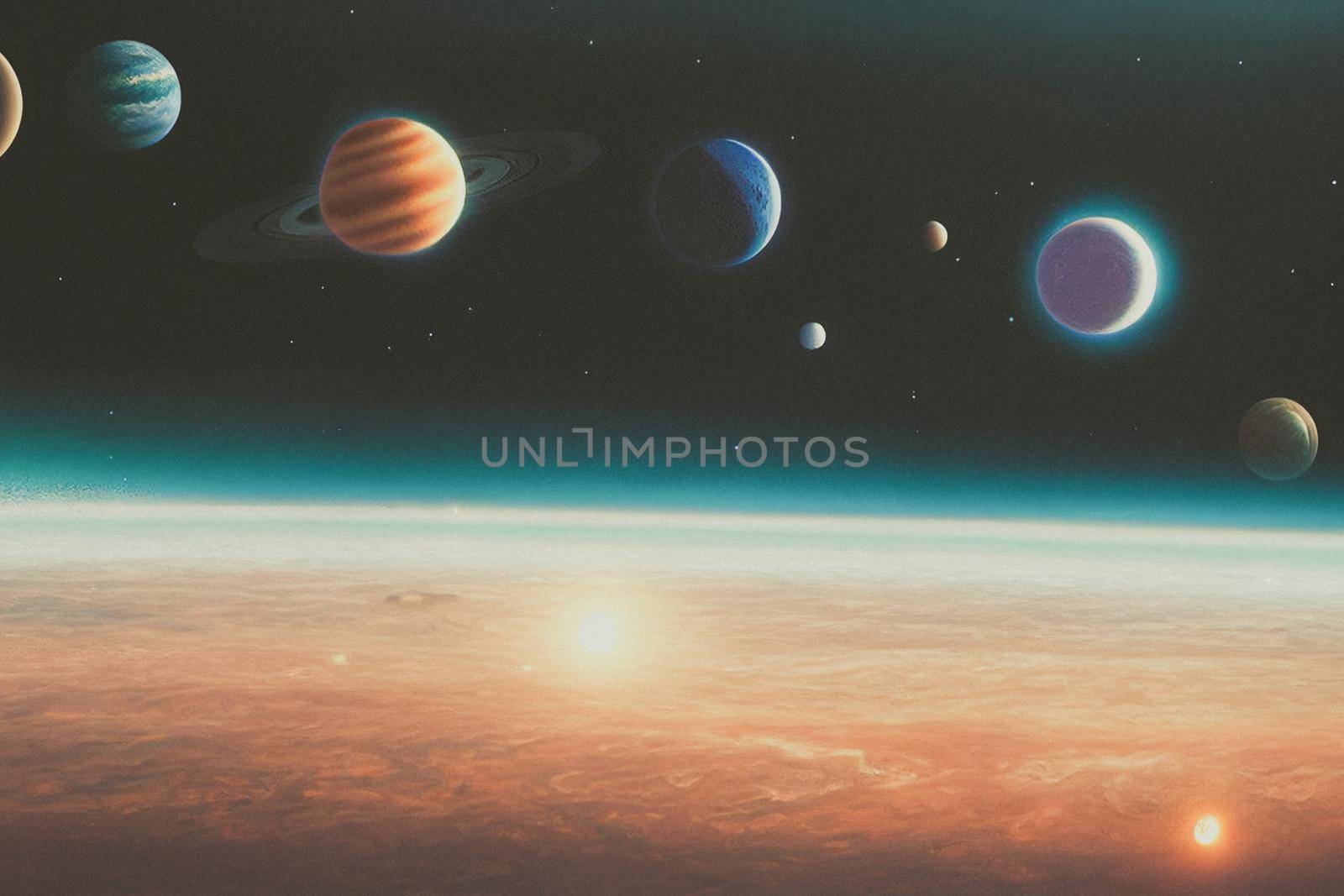 3D render of dark night space landscape with half lighted Jupiter at horizon and very small planets orbiting around.