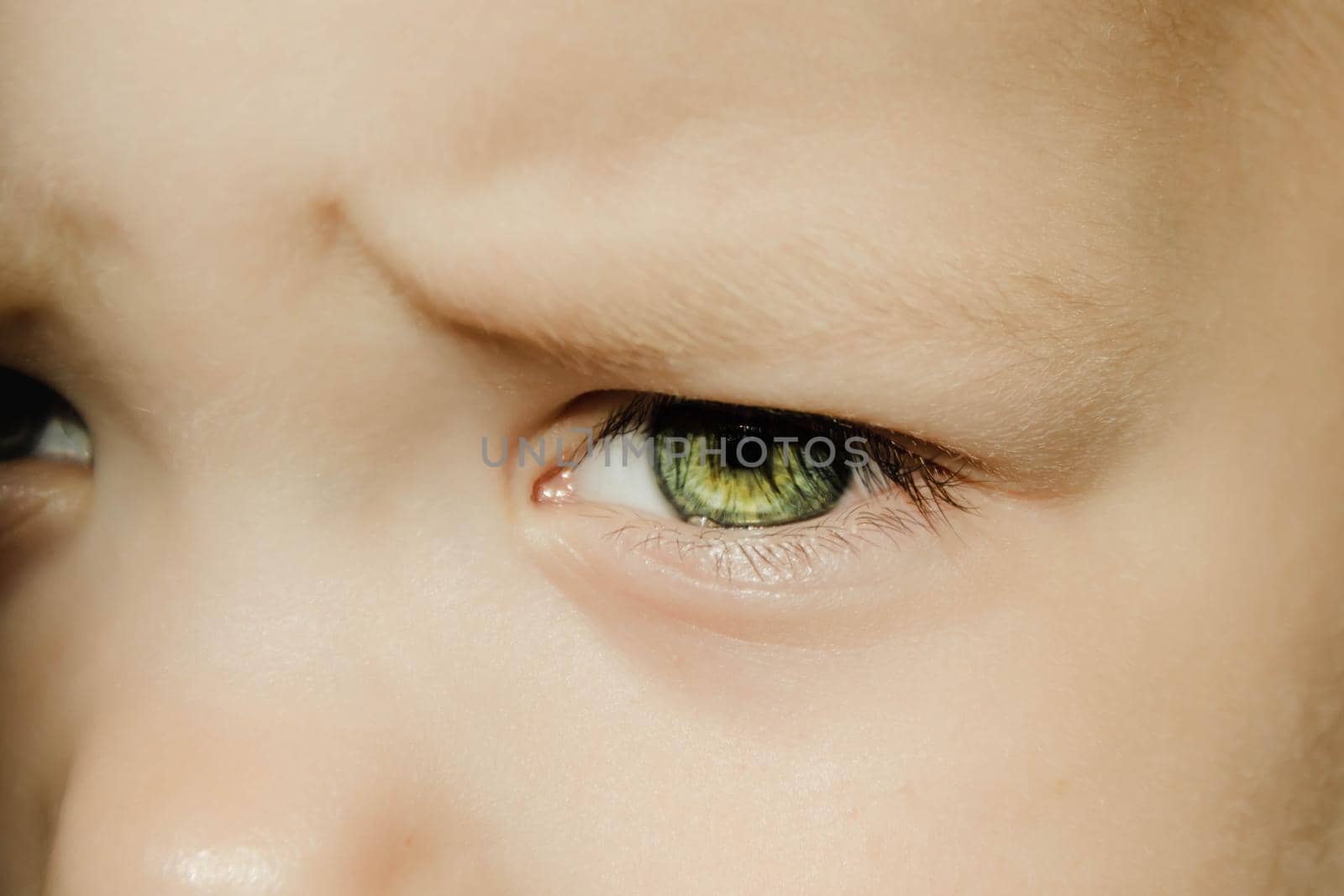 Expressive look of a small child. Baby's eye close-up. Gray green iris