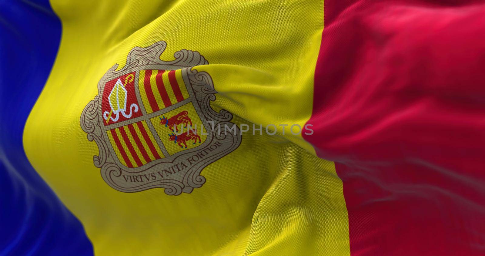 Close-up view of the andorran national flag waving in the wind by rarrarorro