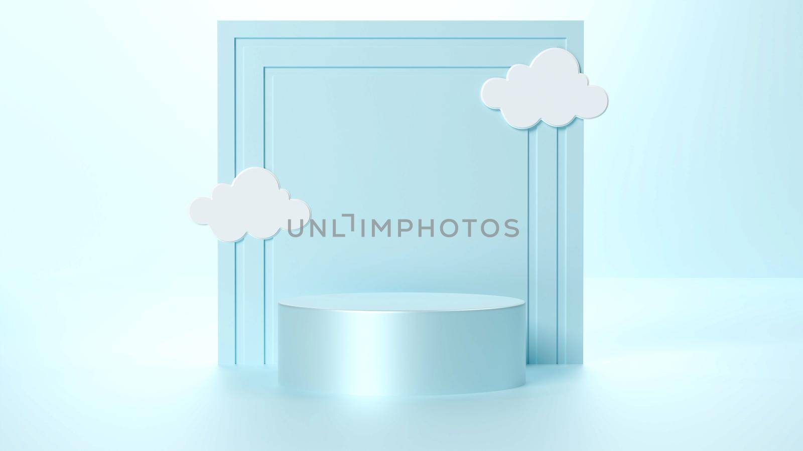 Podium Display with door and Cloud Floating on Blue Sky background,3D blue Cylinder Stand platform on floor,Minimal illustration showcase for Product presentation.