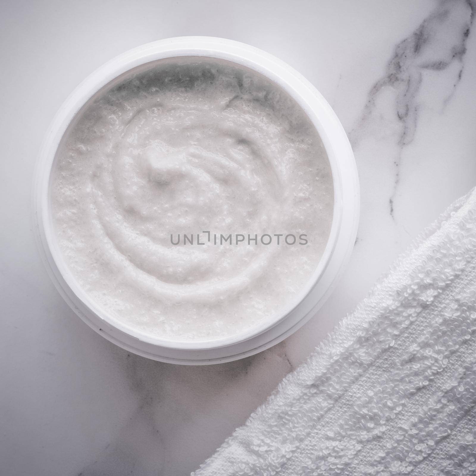 Skincare and body care, luxury spa and clean cosmetic concept. Health and beauty of your skin - Scrub and exfoliating cream products on a marble, flatlay