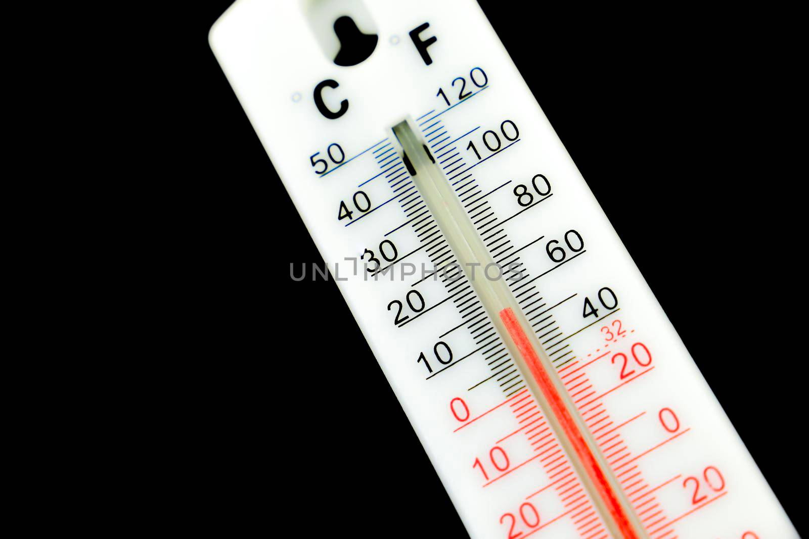 15 Celsius and almost 50 Fahrenheit degrees on a thermometer on black background