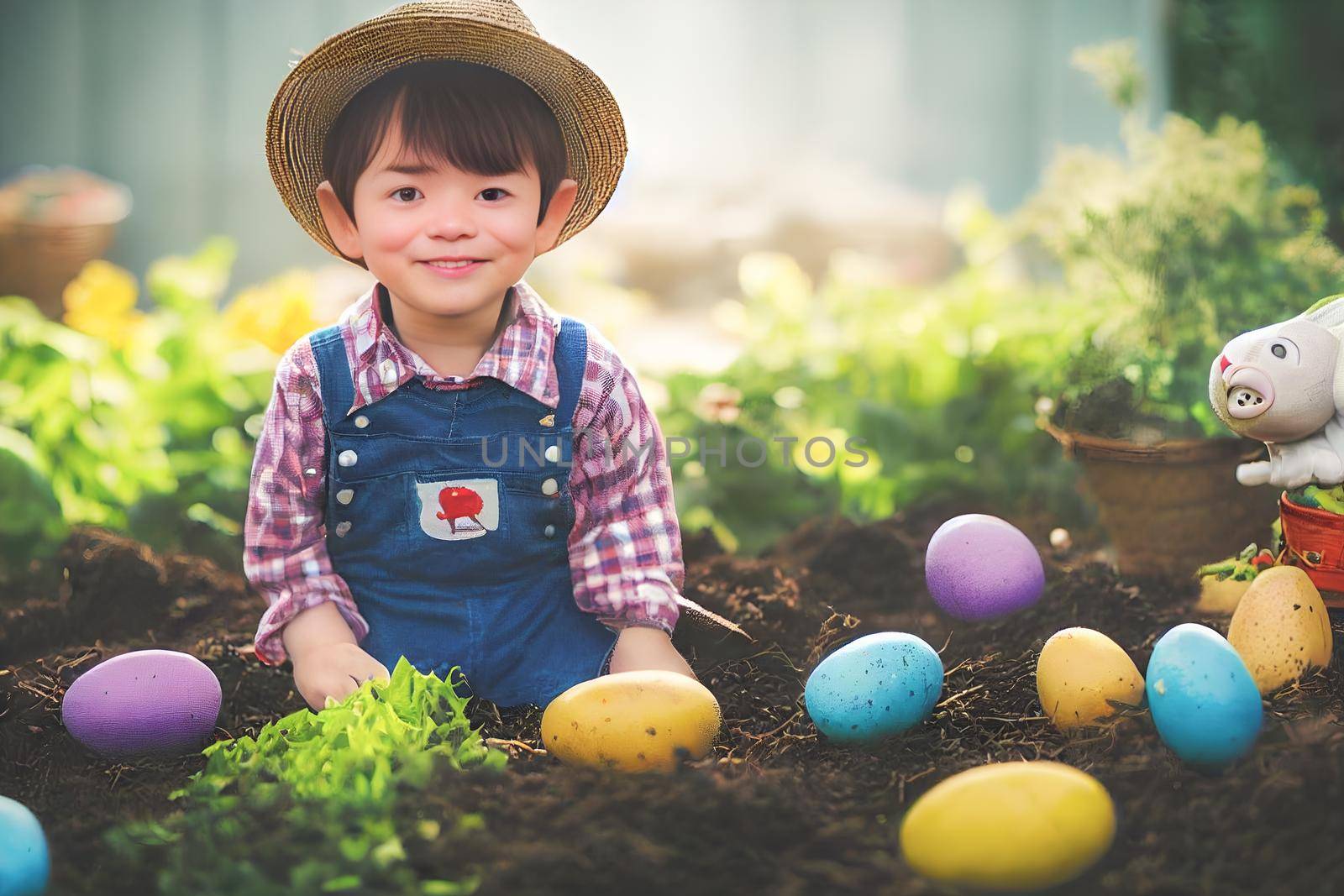 3D render of cute little boy peasant dressed in overalls, checkered shirt, straw hat with farmer gear equipped in garden full of Easter eggs.