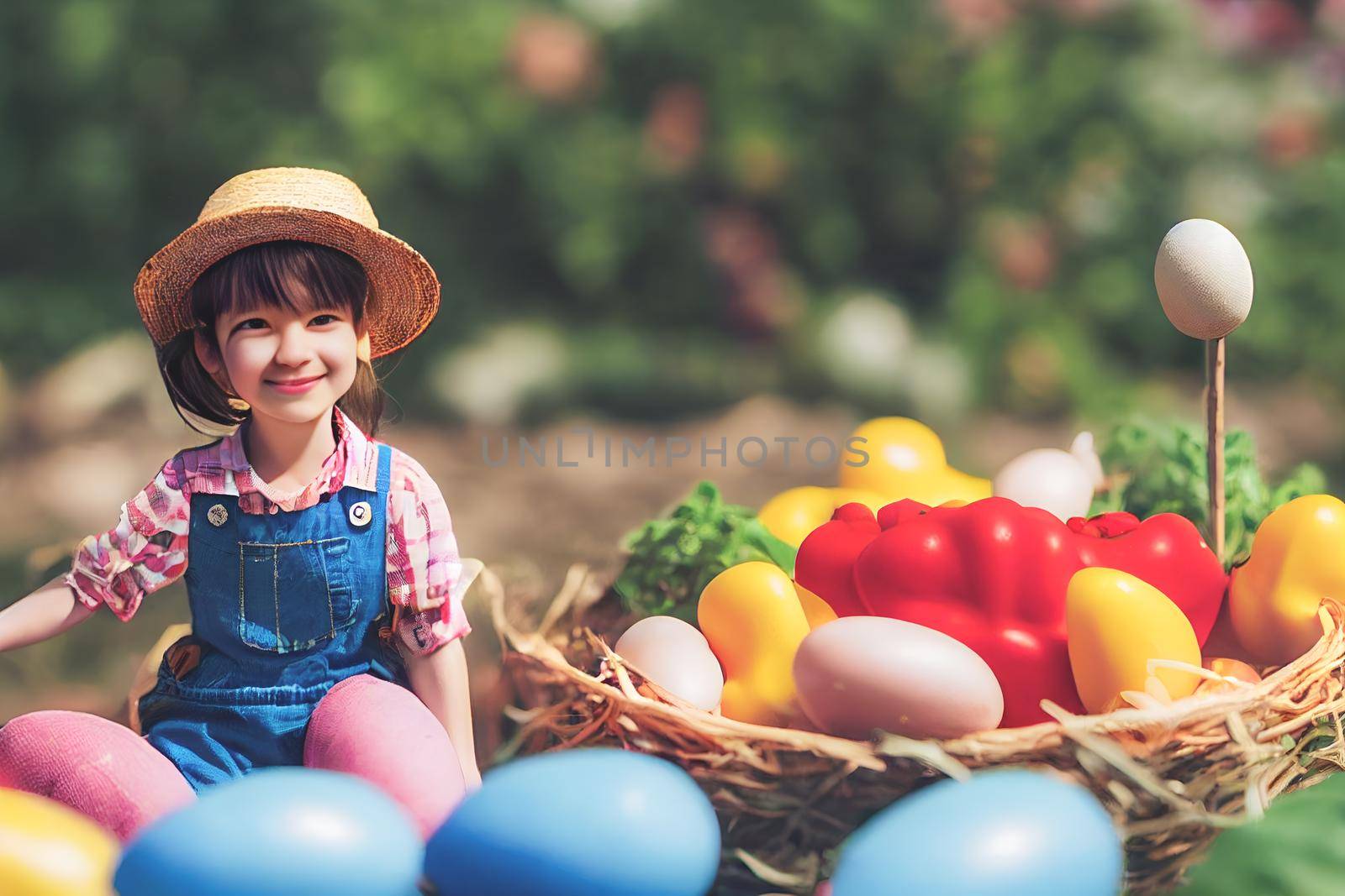 3D render of cute little girl peasant dressed in overalls, checkered shirt, straw hat with farmer gear equipped in garden full of Easter eggs.