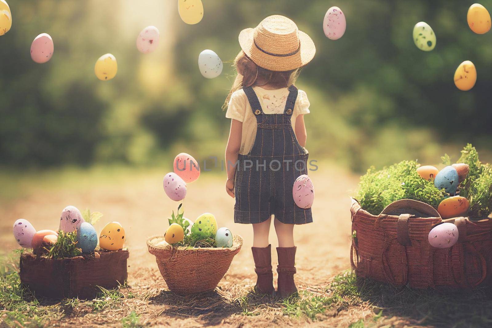 3D render of cute little girl peasant dressed in overalls, checkered shirt, straw hat with farmer gear equipped in garden full of Easter eggs.