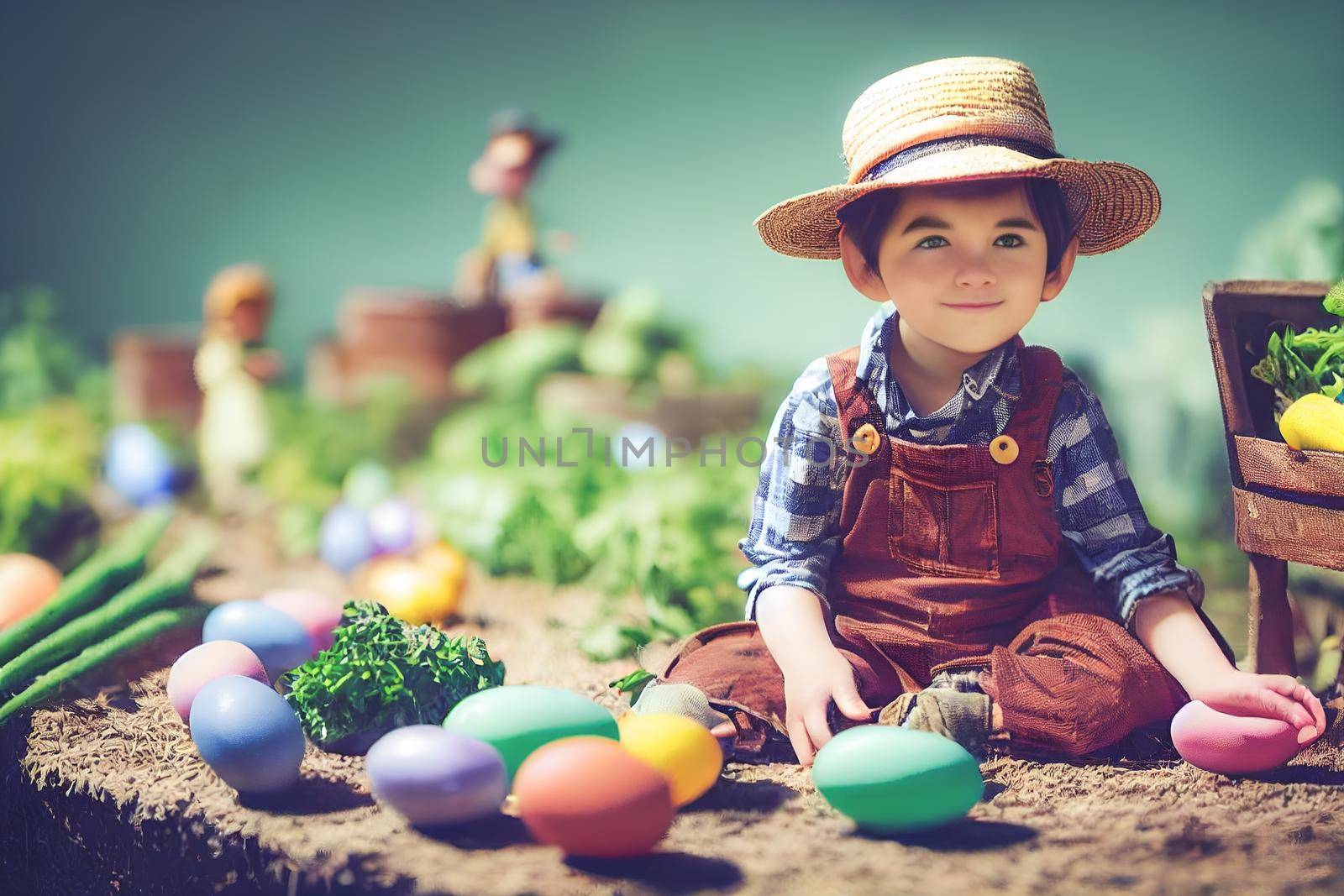 3D render of cute little boy peasant dressed in overalls, checkered shirt, straw hat with farmer gear equipped in garden full of Easter eggs.