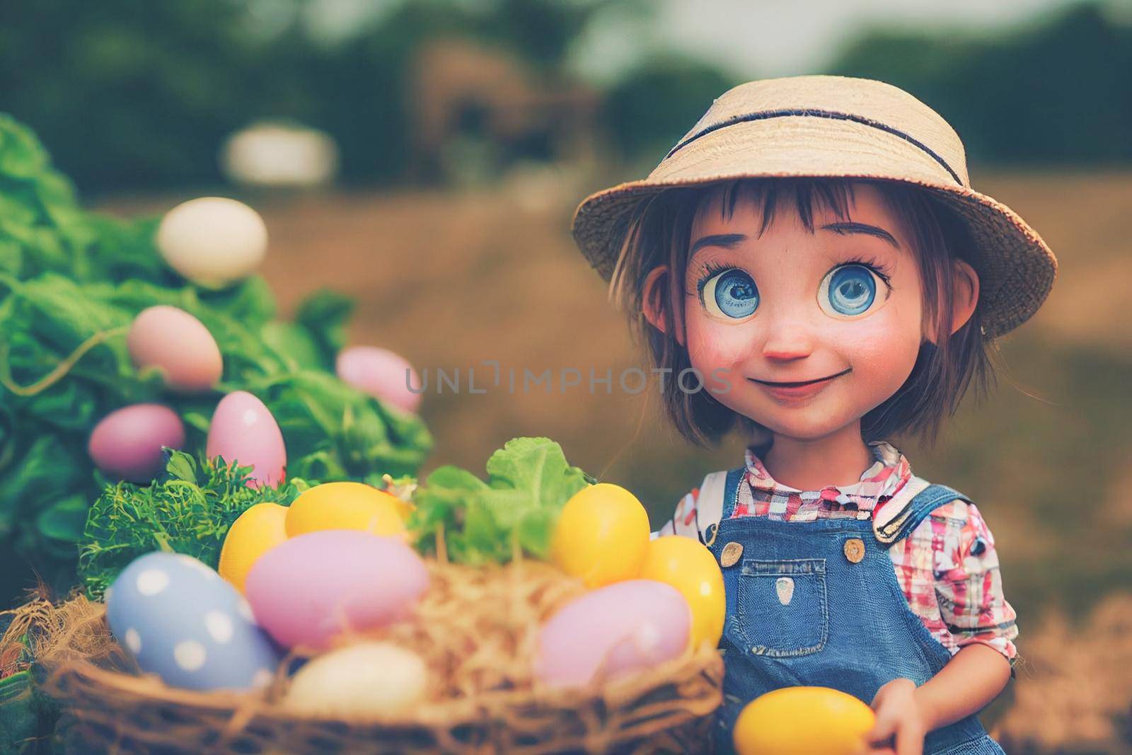 3D render of cute little girl peasant in garden full of Easter eggs. by FokasuArt