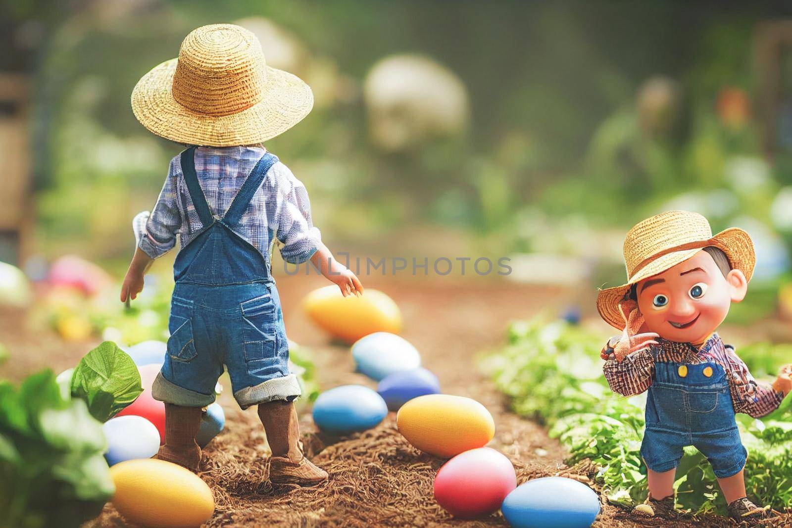 3D render of cute little boy peasant dressed in overalls, checkered shirt, straw hat with farmer gear equipped in garden full of Easter eggs.