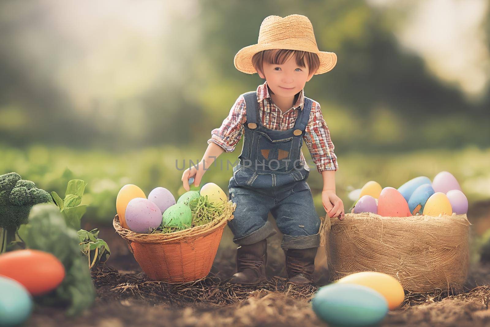 3D render of cute little boy peasant dressed in overalls, checkered shirt, straw hat with farmer gear equipped in garden full of Easter eggs.