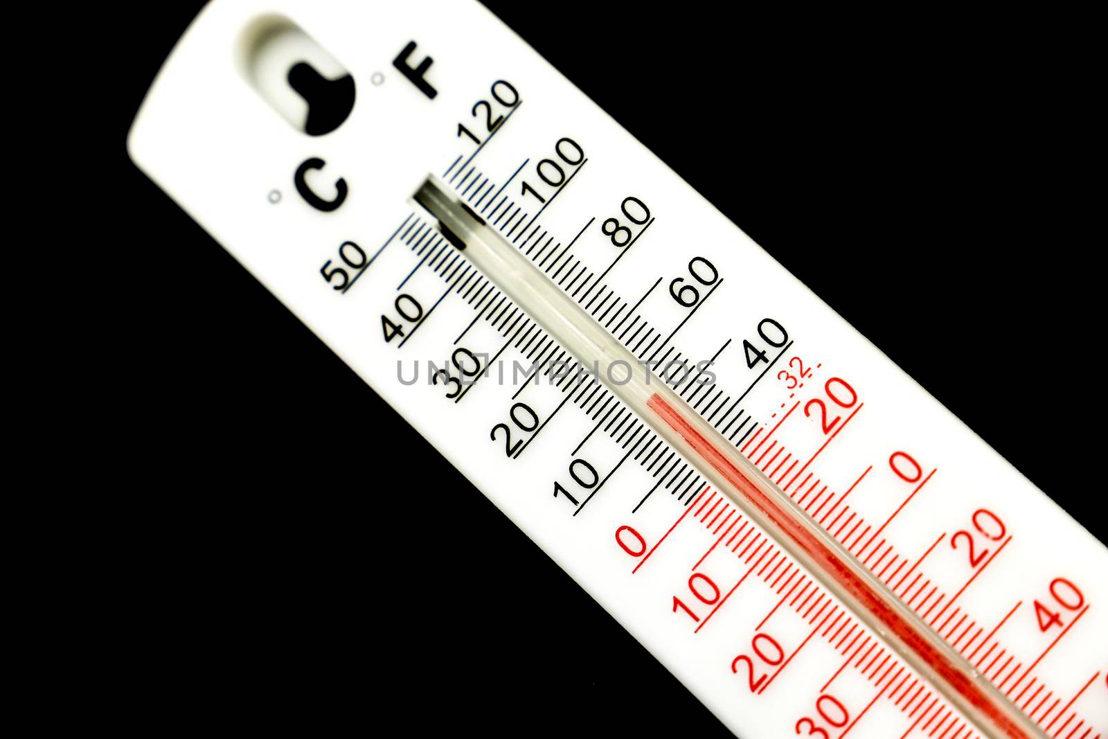 15 Celsius and almost 50 Fahrenheit degrees on a thermometer on black background