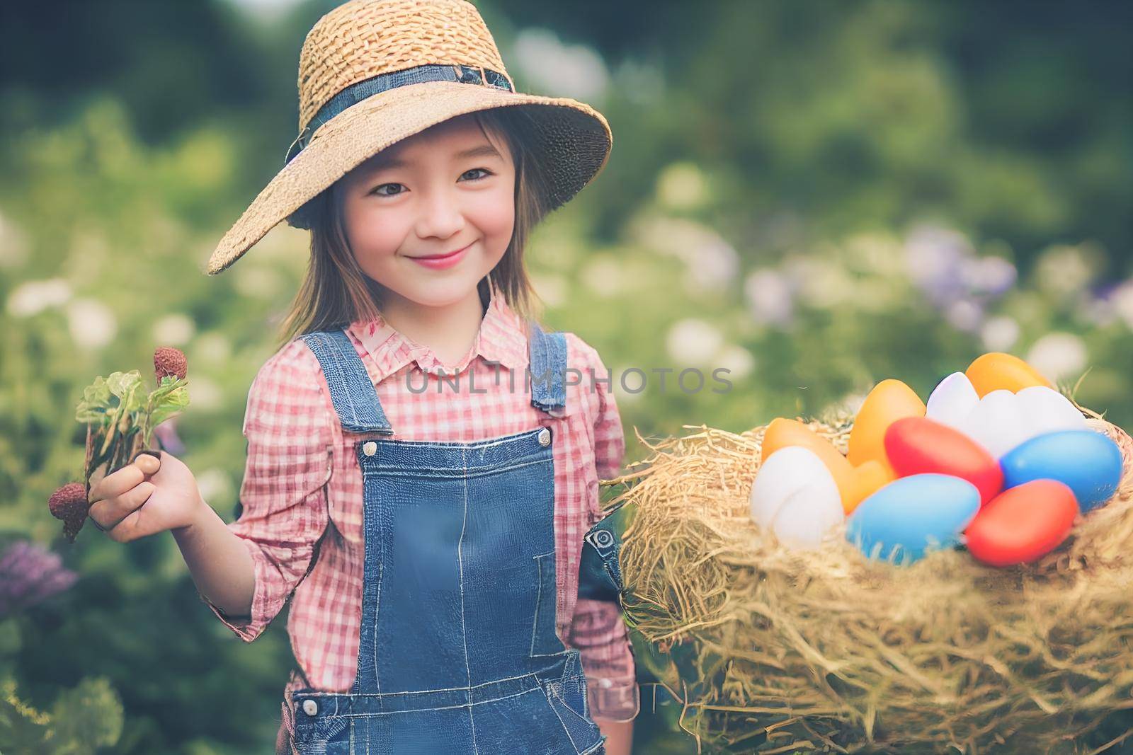 3D render of cute little girl peasant dressed in overalls, checkered shirt, straw hat with farmer gear equipped in garden full of Easter eggs.