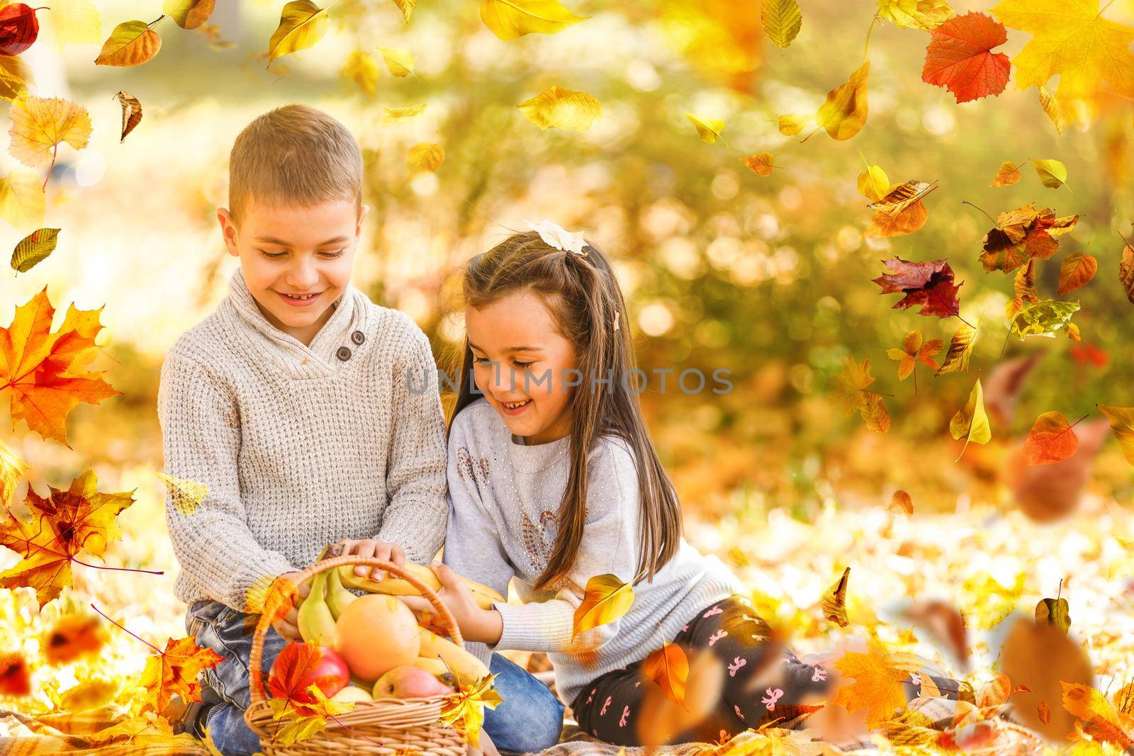 Two little cute smiling kids in bright jackets walking together in a park on a sunny autumn day. Friendship between siblings. Happy family concept . High quality photo