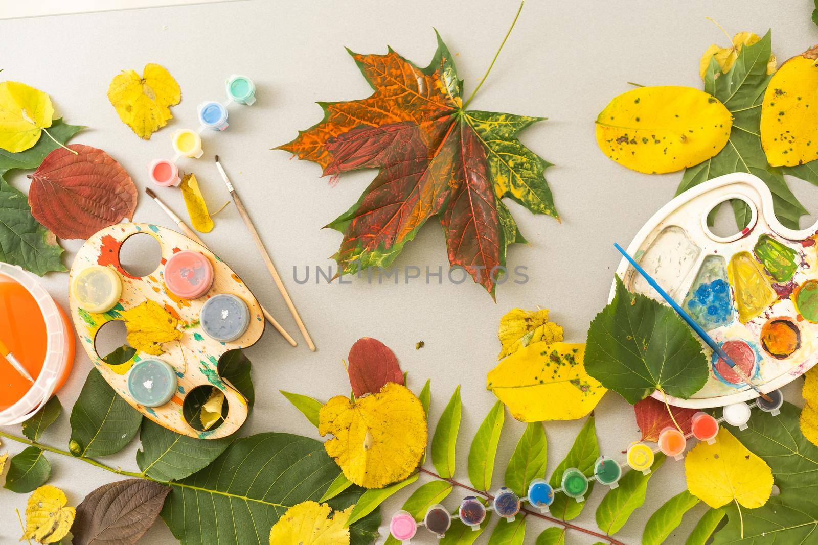 Children's picture made from autumn leaves with pencil drawing on paper. High quality photo