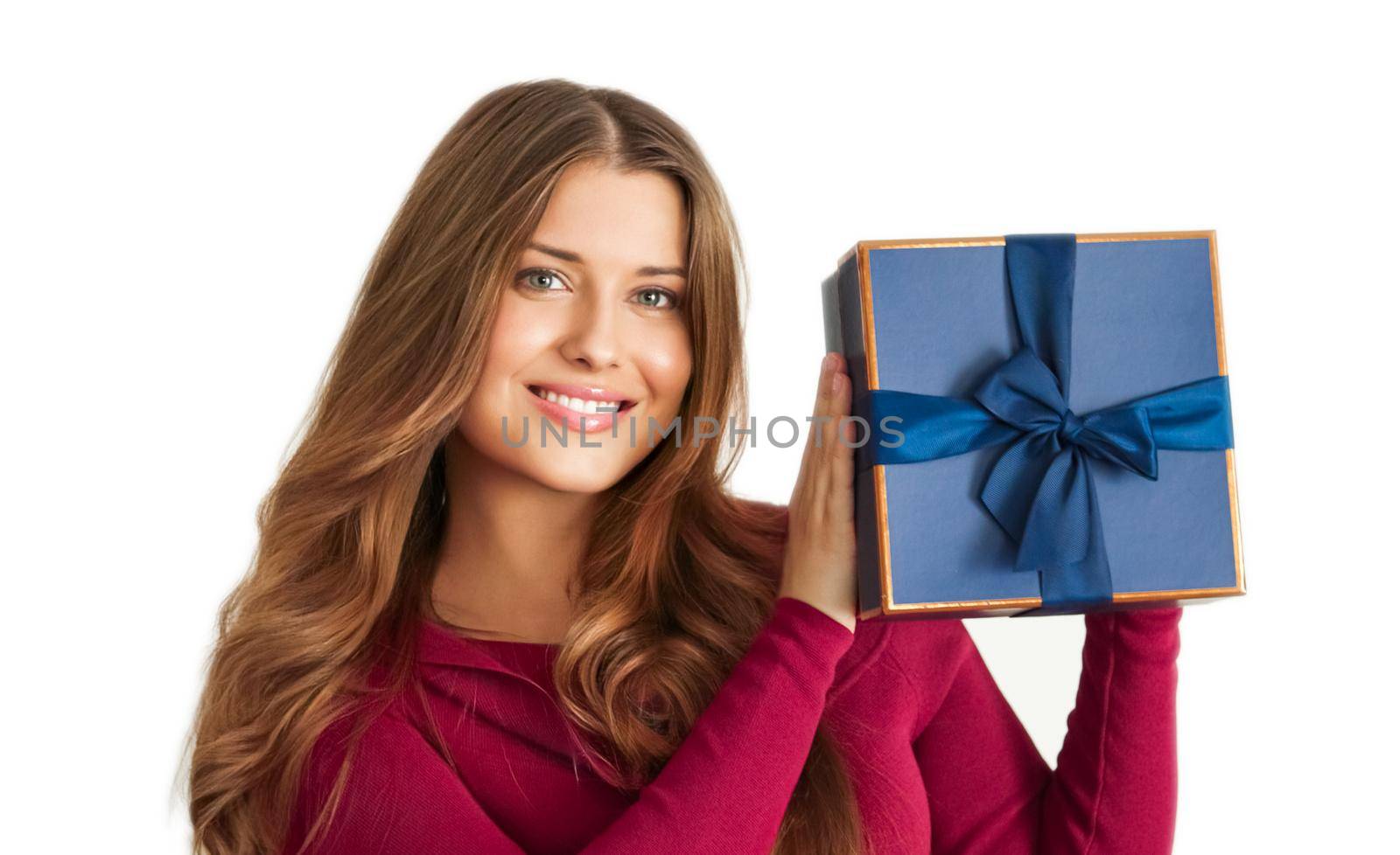 Birthday, Christmas or holiday present, happy woman holding a blue gift or luxury beauty box subscription delivery isolated on white background, portrait