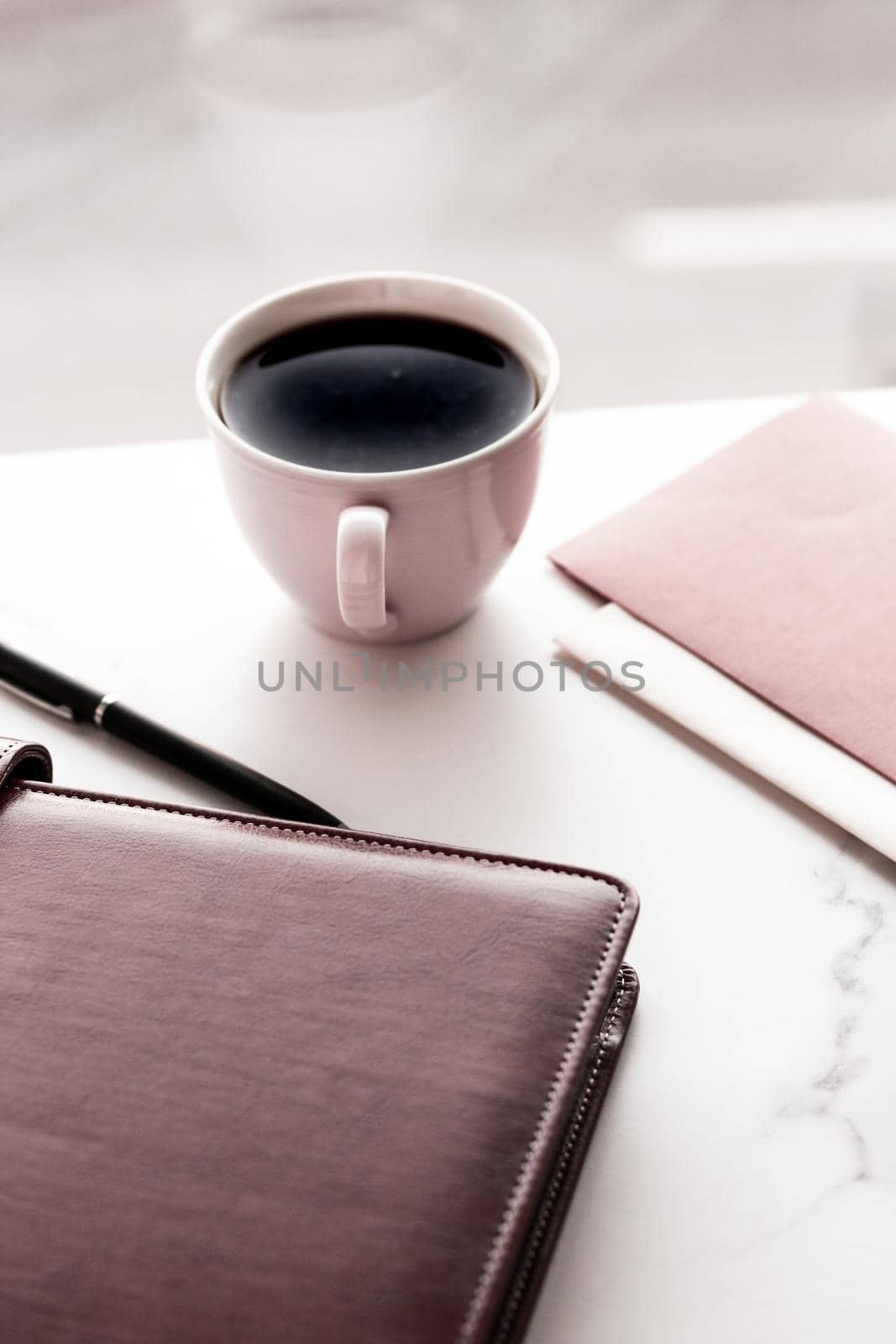 Office table desk and coffee cup, productivity concept by Anneleven