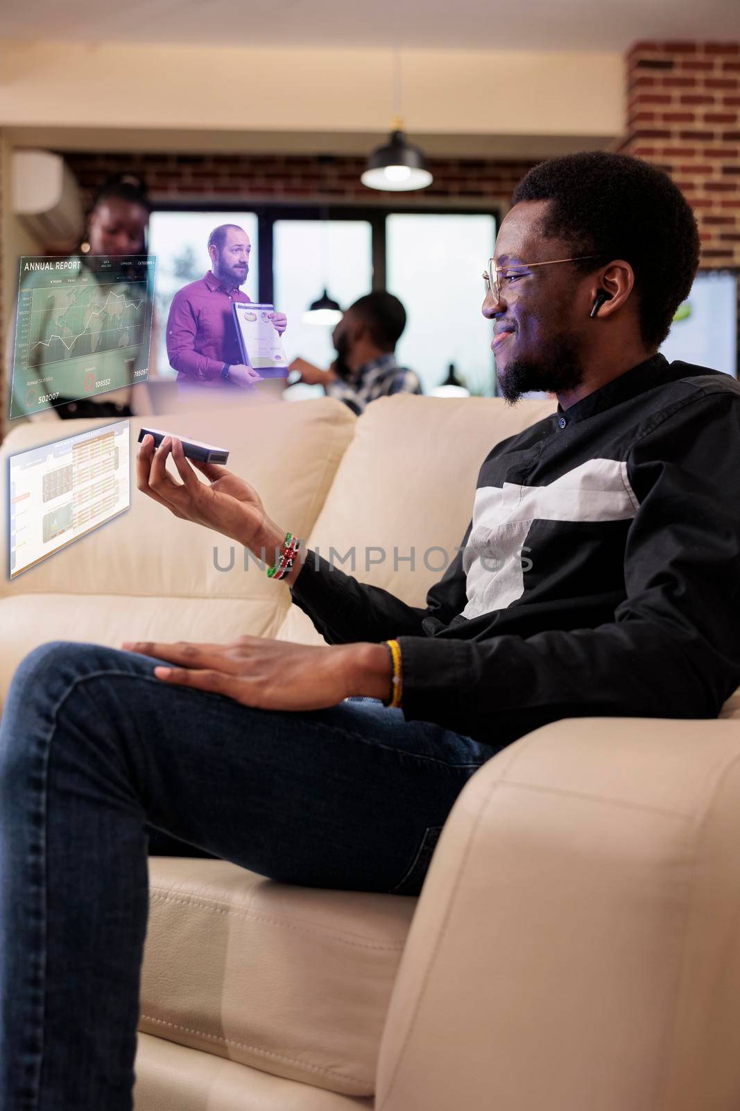 Company employee using hologram to talk to man with augmented reality artificial intelligence. Chatting on holographic image concept to have remote conversation in business office.